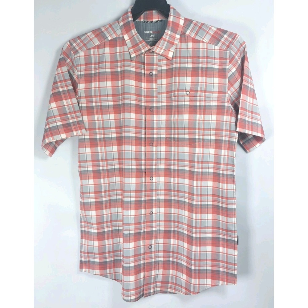 Swiss Tech Short Sleeve Shirt Mens Small Snap Up Orange Gray Plaid Microfiber